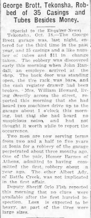 Brotts Garage (Sunoco, Amoco) - Oct 1922 Article On Theft
